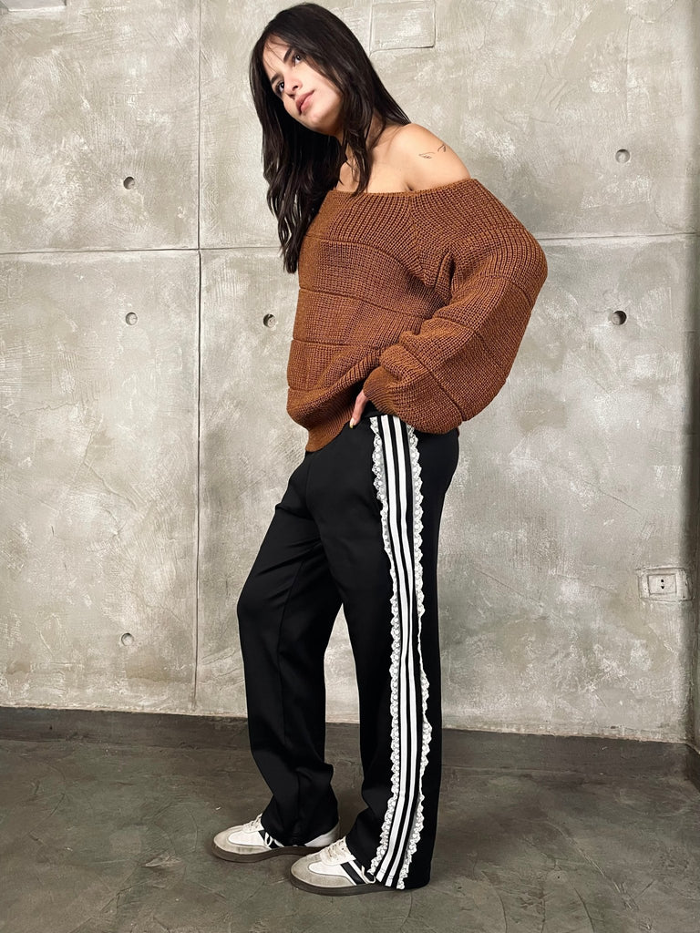 Black Striped Lace Drawstring Sweatpants - Mii
