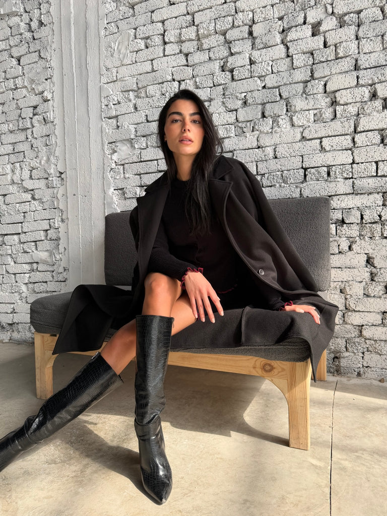 Black X Red Gathered Knit Skirt Set - Mii