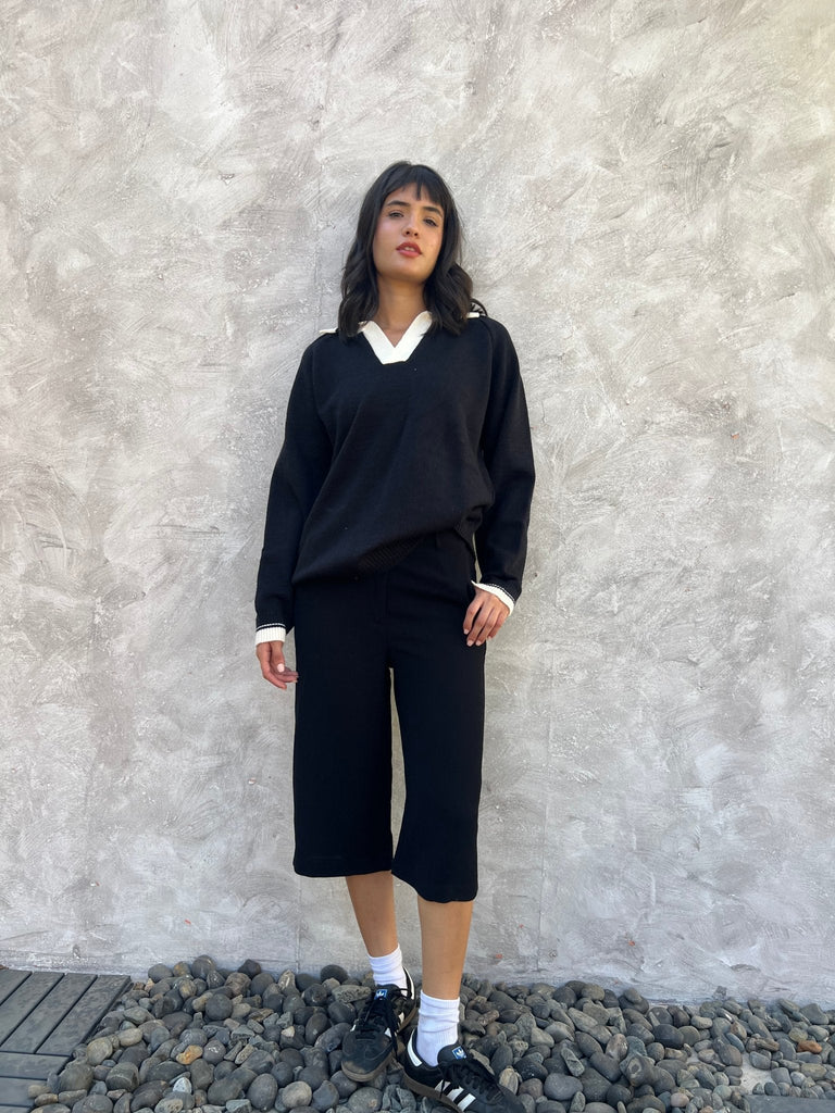 Black X White Polo Knit Pullover - Mii