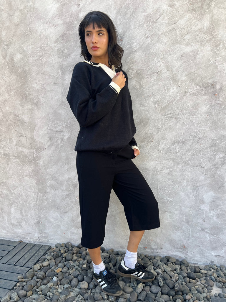 Black X White Polo Knit Pullover - Mii