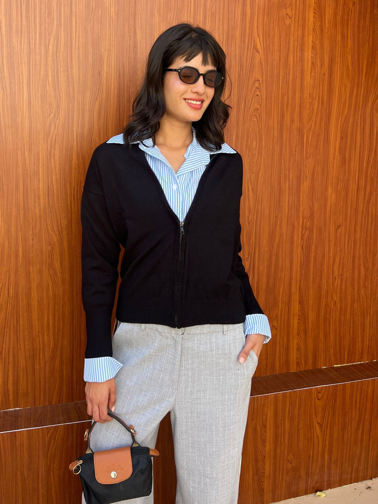 Black Zip Up Knit Sweater - Mii