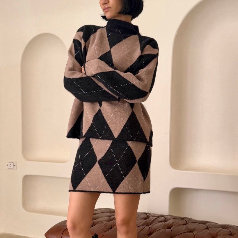 BlackXBeige Argyle Knit Skirt Set - Mii