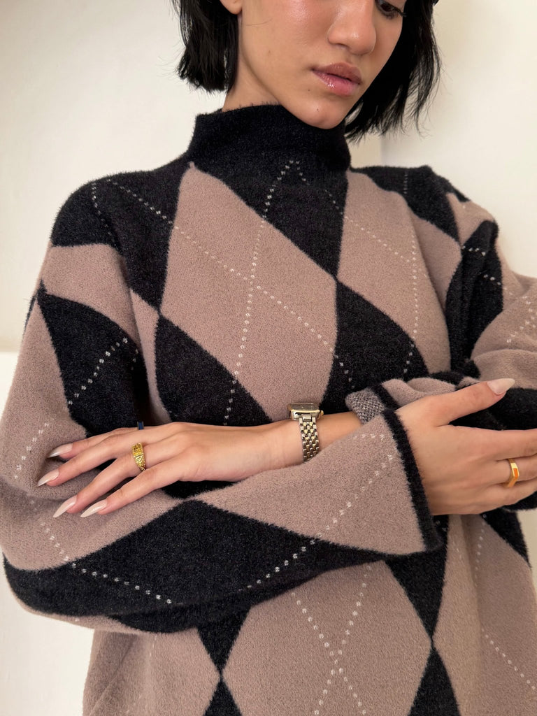 BlackXBeige Argyle Knit Skirt Set - Mii