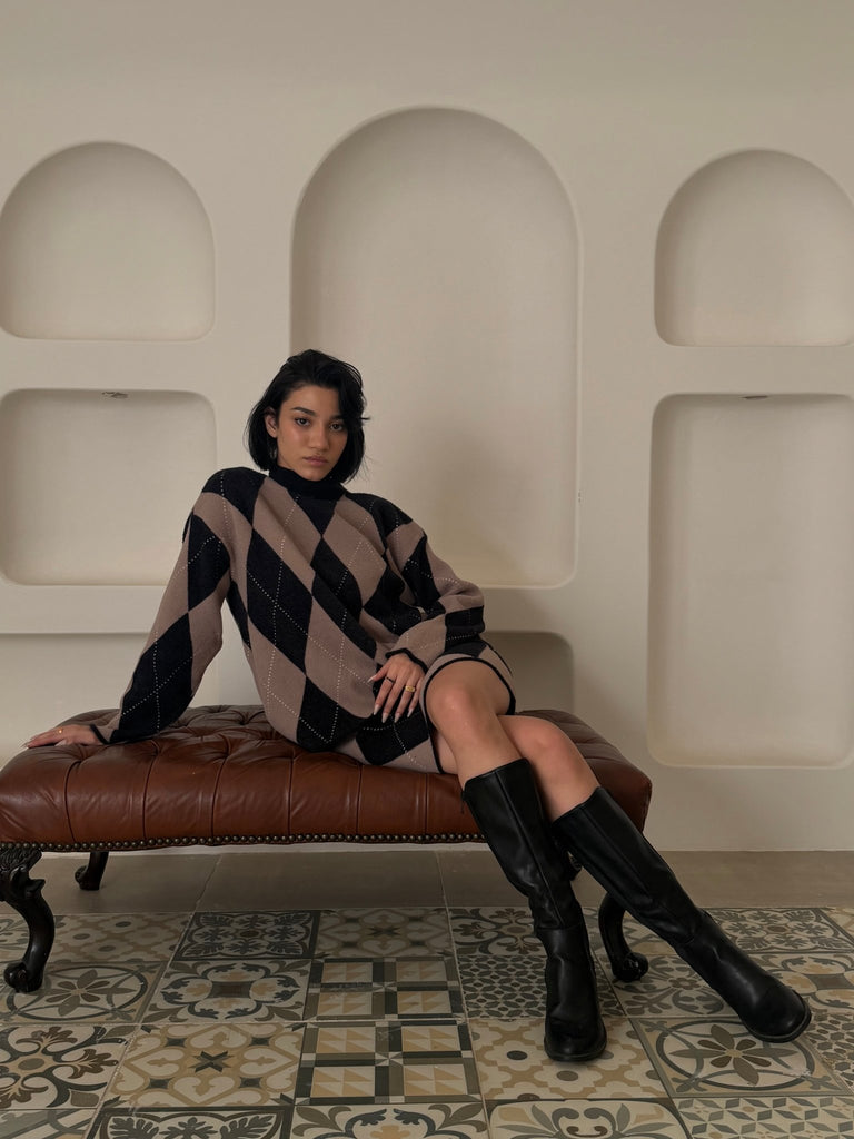 BlackXBeige Argyle Knit Skirt Set - Mii