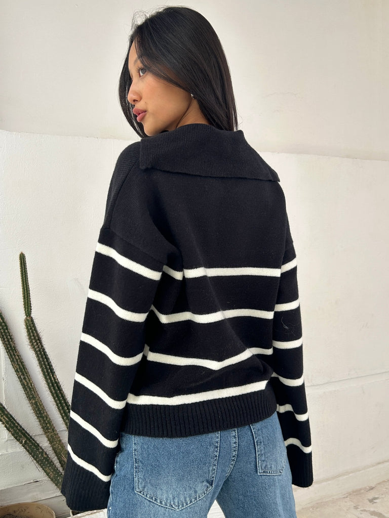 BlackxWhite Striped Soft Knit Pullover - Mii