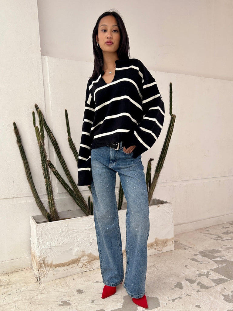 BlackxWhite Striped Soft Knit Pullover - Mii