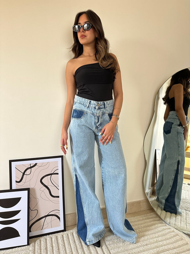Blue Two Tone Wide Leg Jeans - Mii