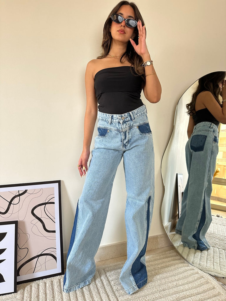 Blue Two Tone Wide Leg Jeans - Mii
