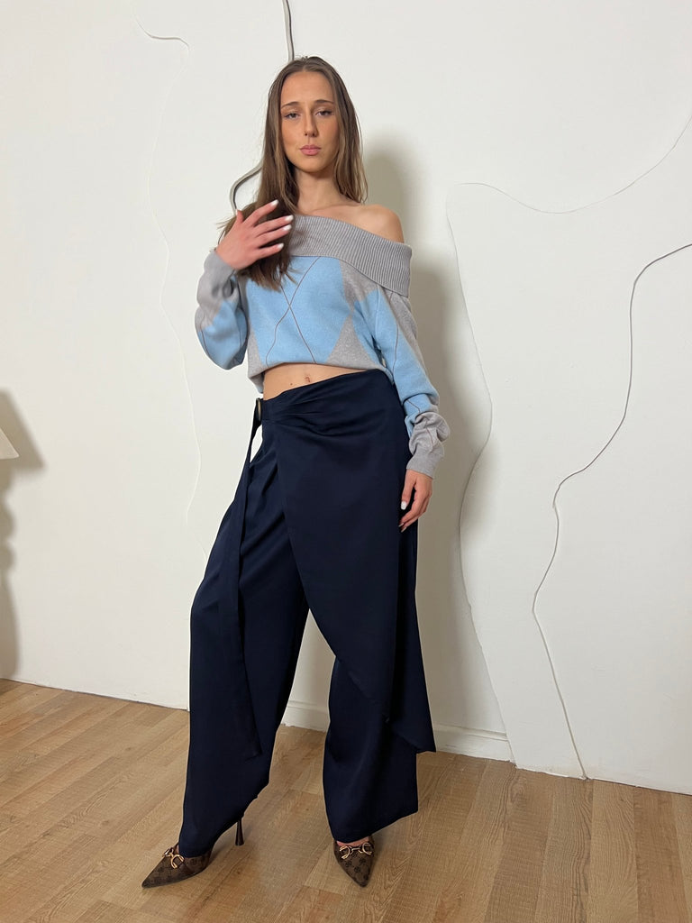 Blue X Grey Argyle Off Shoulder Knit Pullover - Mii