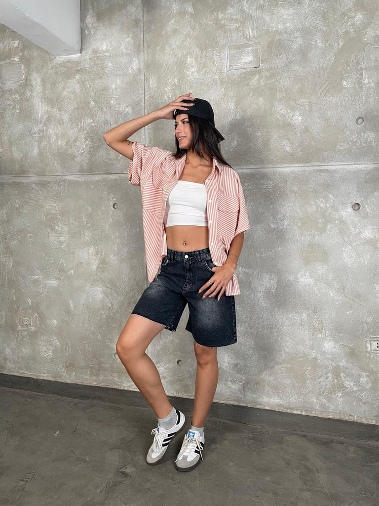 Brick Front Pockets Striped Shirt - Mii