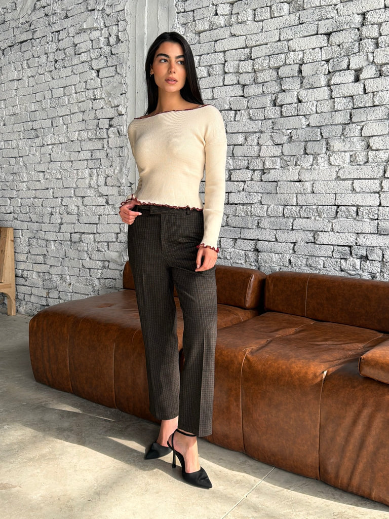 Brown Checkered Classic Fit Pants - Mii