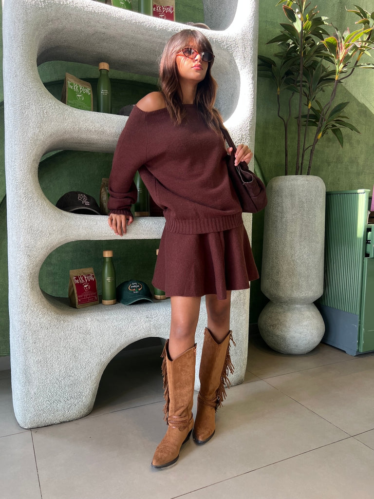 Brown Off Shoulder Knit Skirt Set - Mii
