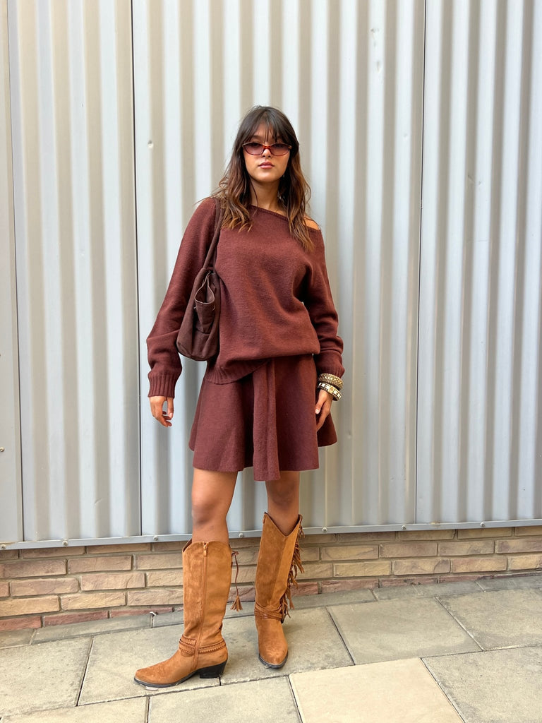 Brown Off Shoulder Knit Skirt Set - Mii