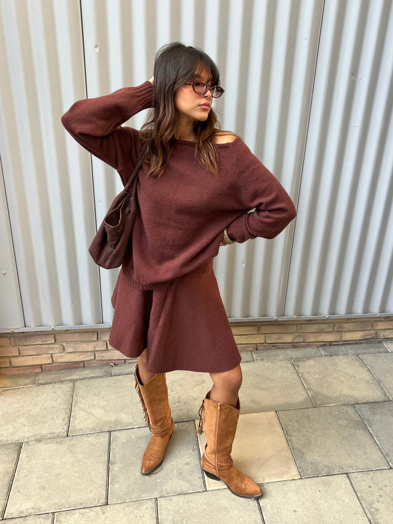 Brown Off Shoulder Knit Skirt Set - Mii
