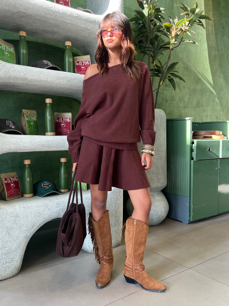 Brown Off Shoulder Knit Skirt Set - Mii