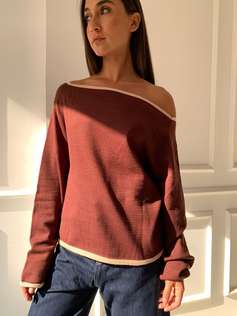 Brown One Shoulder Lined Knit Pullover - Mii