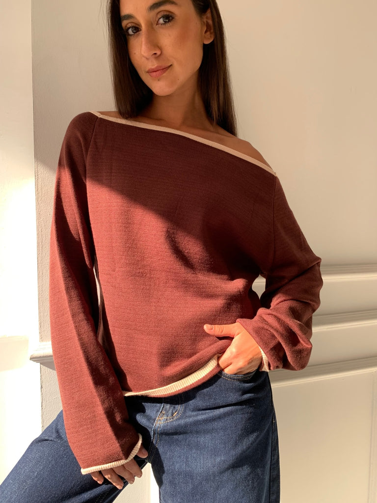 Brown One Shoulder Lined Knit Pullover - Mii
