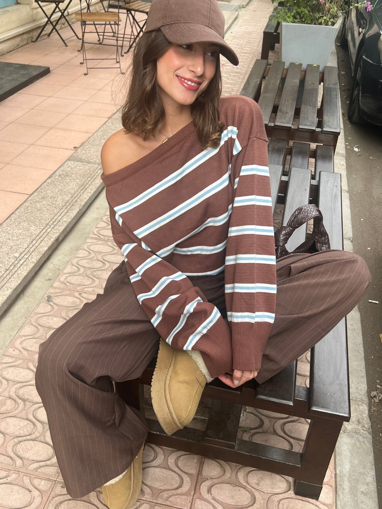 Brown Rugby One Shoulder Striped Pullover - Mii