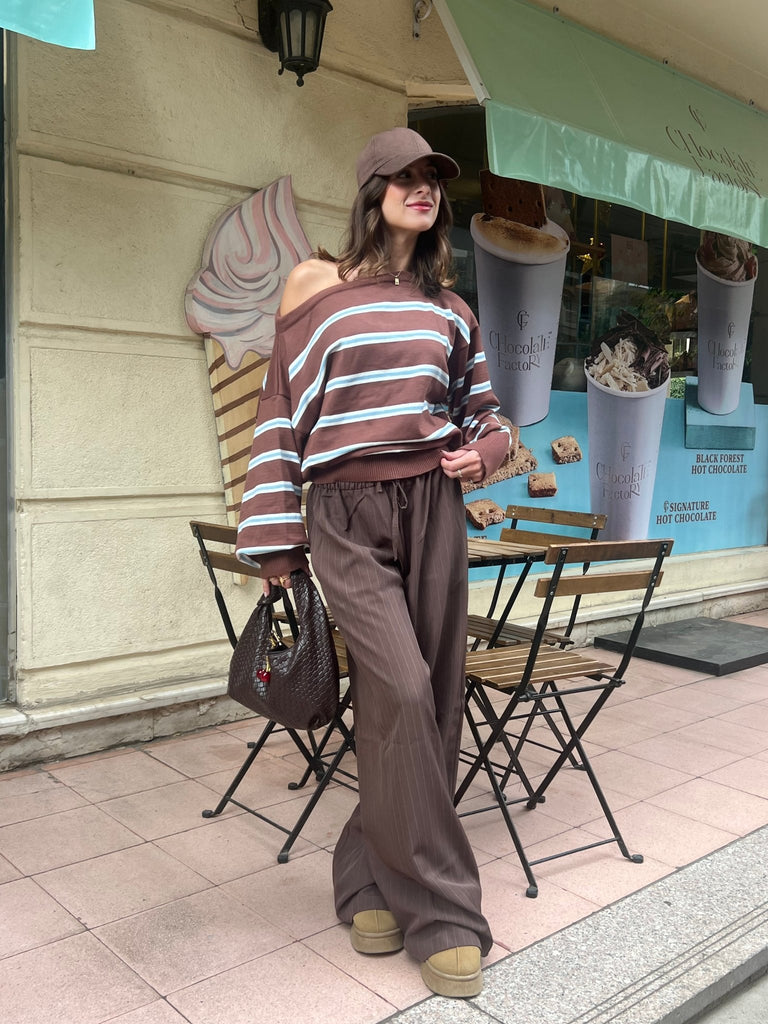 Brown Rugby One Shoulder Striped Pullover - Mii