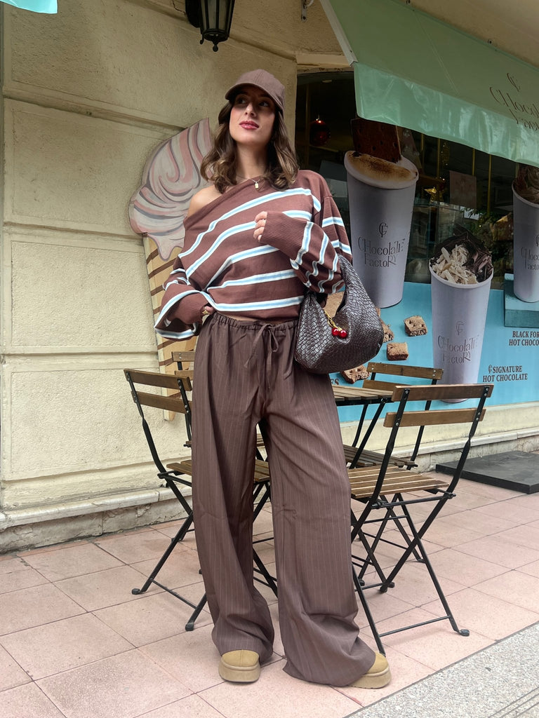 Brown Rugby One Shoulder Striped Pullover - Mii