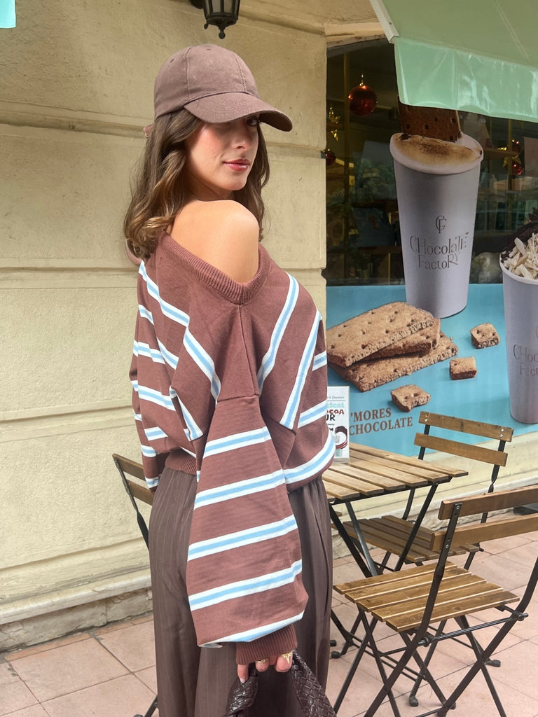 Brown Rugby One Shoulder Striped Pullover - Mii
