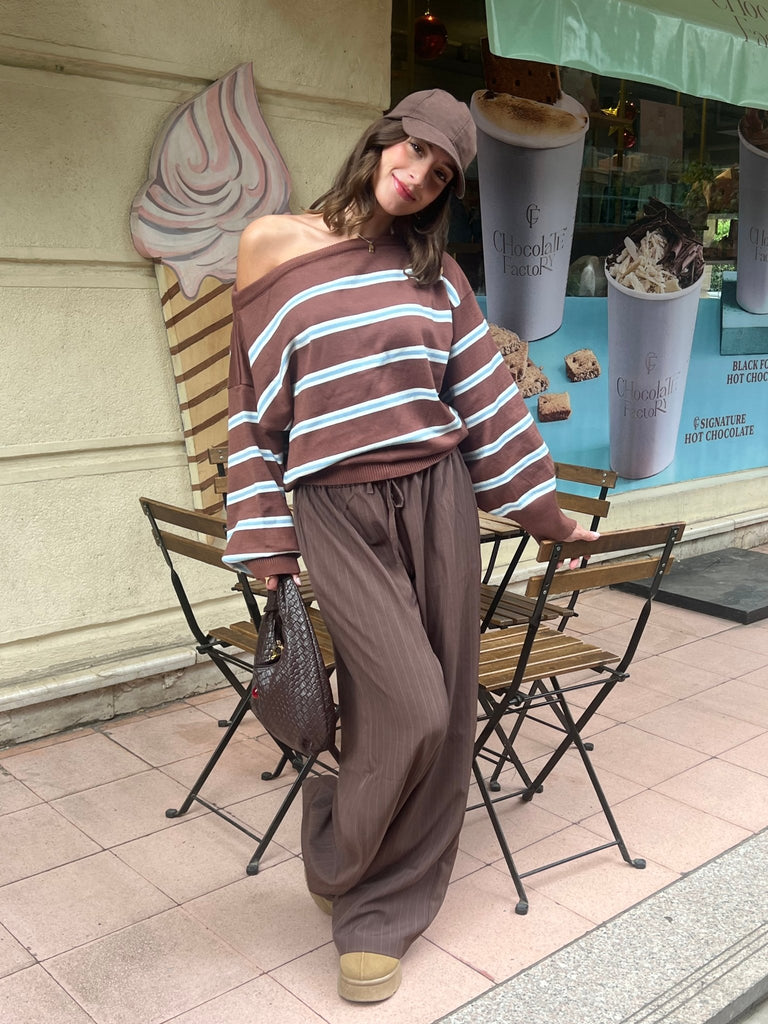 Brown Rugby One Shoulder Striped Pullover - Mii