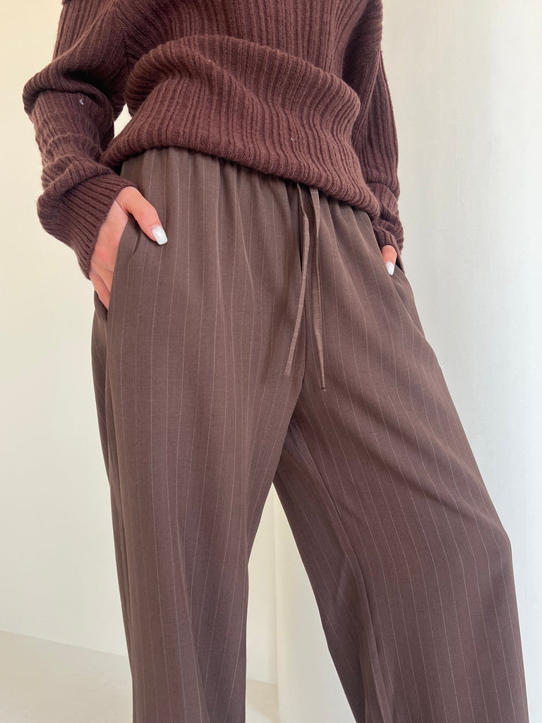 Brown Stripe Drawstring Pants - Mii