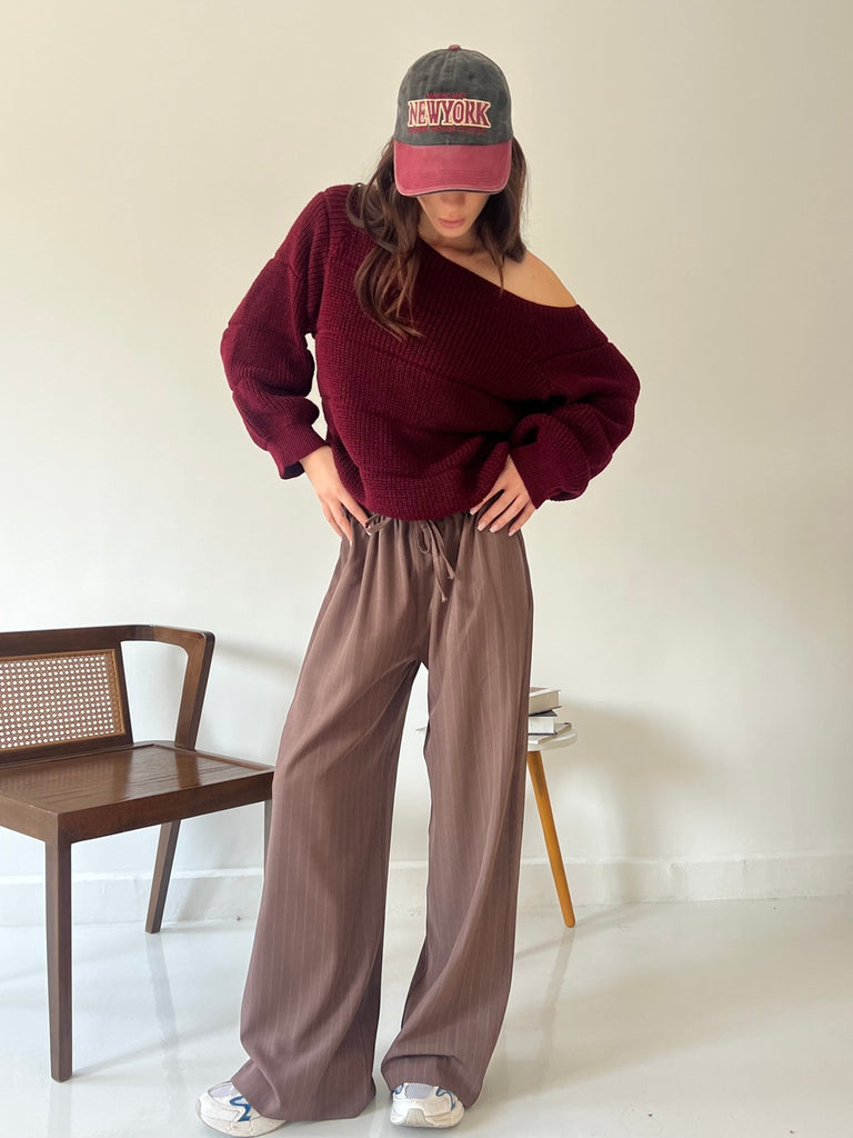 Brown Stripe Drawstring Pants - Mii