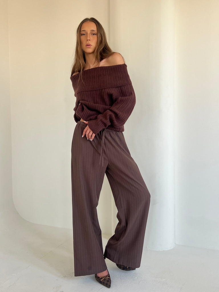 Brown Stripe Drawstring Pants - Mii