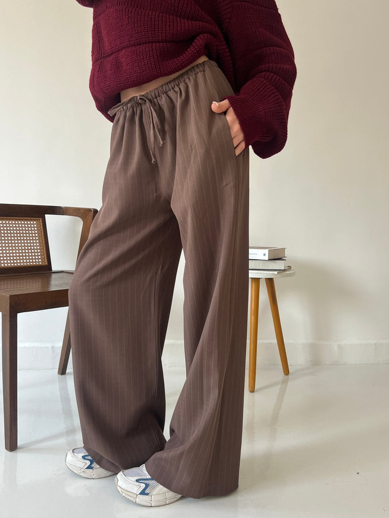 Brown Stripe Drawstring Pants - Mii