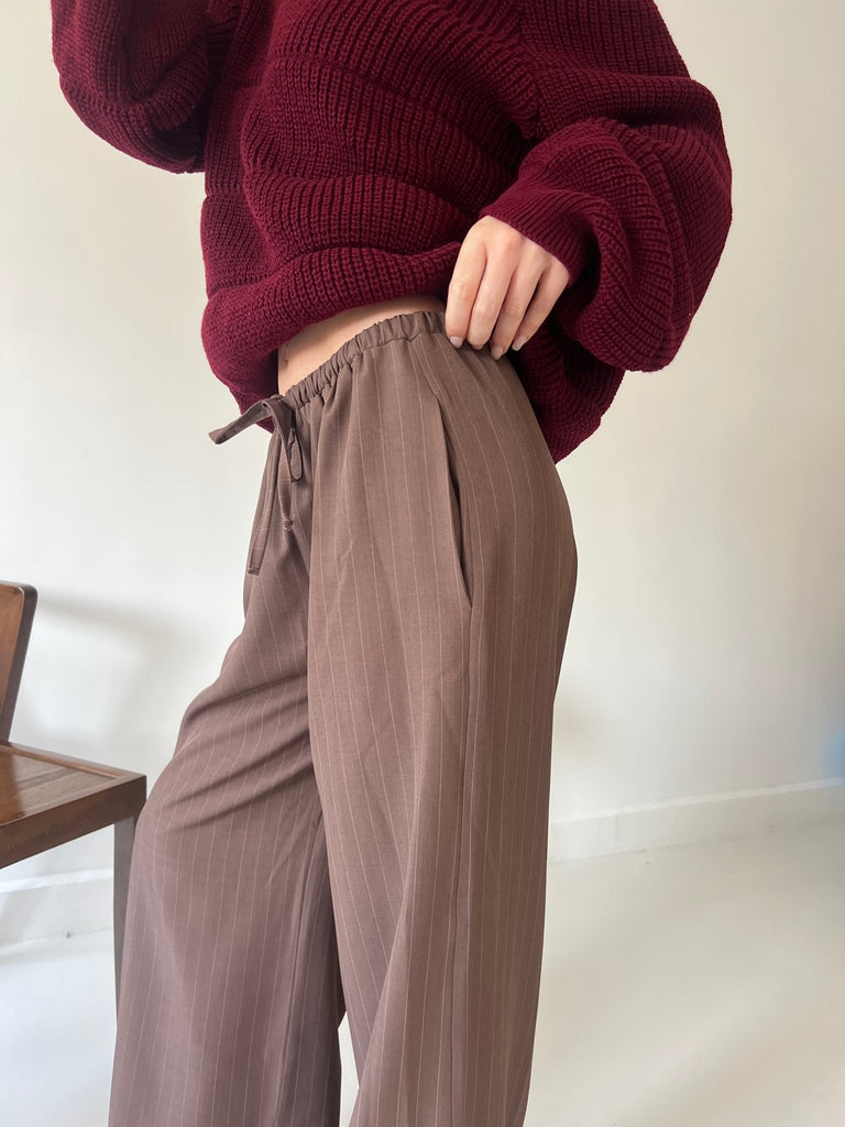Brown Stripe Drawstring Pants - Mii