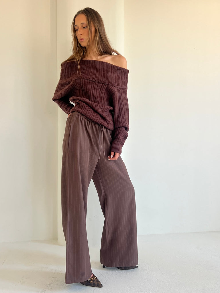 Brown Stripe Drawstring Pants - Mii