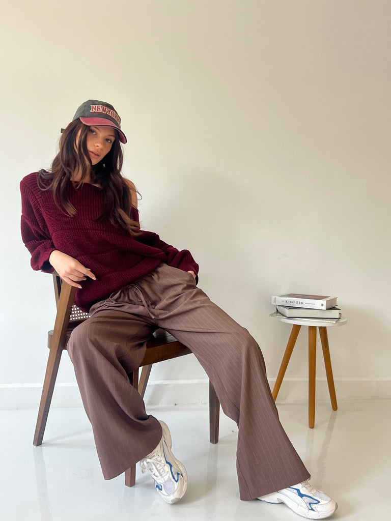 Brown Stripe Drawstring Pants - Mii