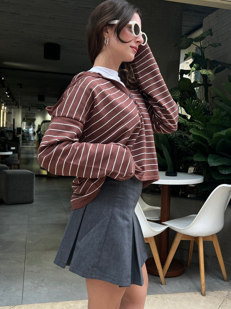 Brown Striped Relaxed Buttoned Hoodie - Mii