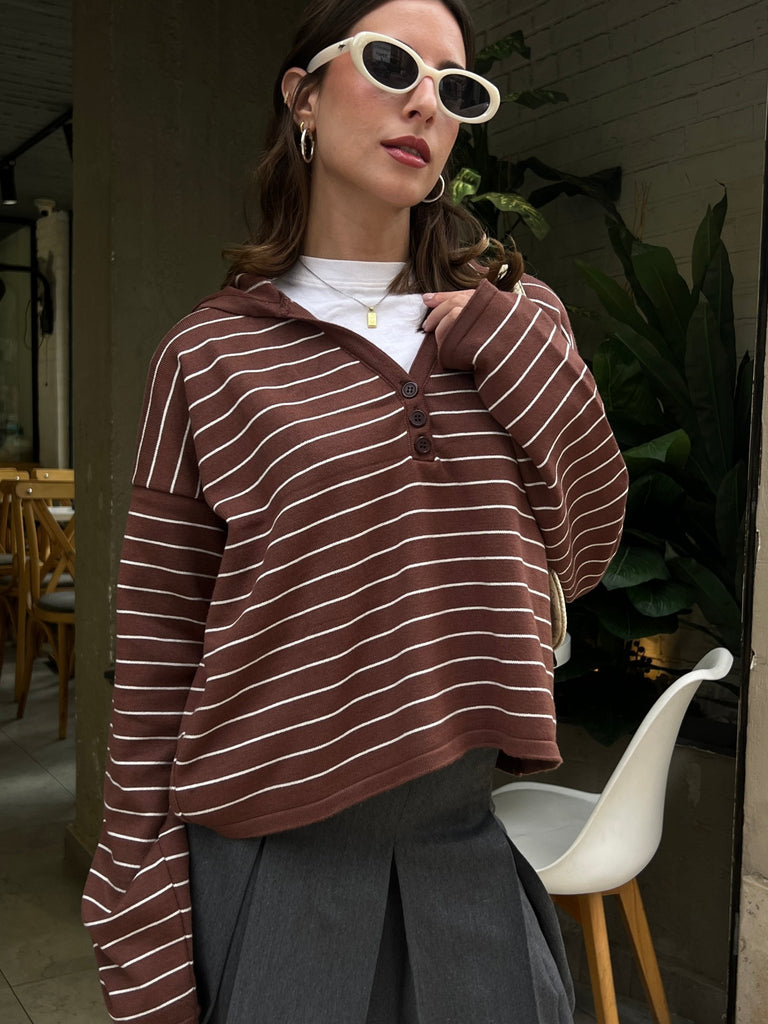 Brown Striped Relaxed Buttoned Hoodie - Mii