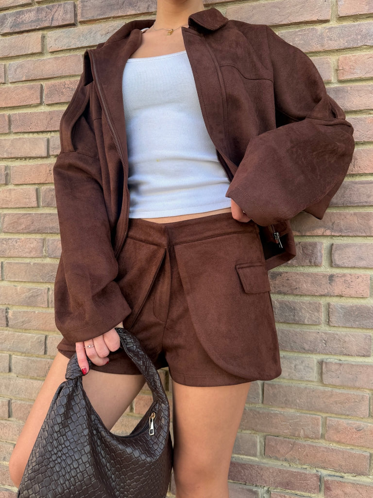 Brown Suede Layered Shorts - Mii
