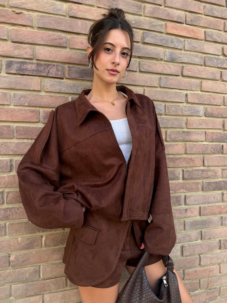 Brown Suede Relaxed Fit Jacket - Mii