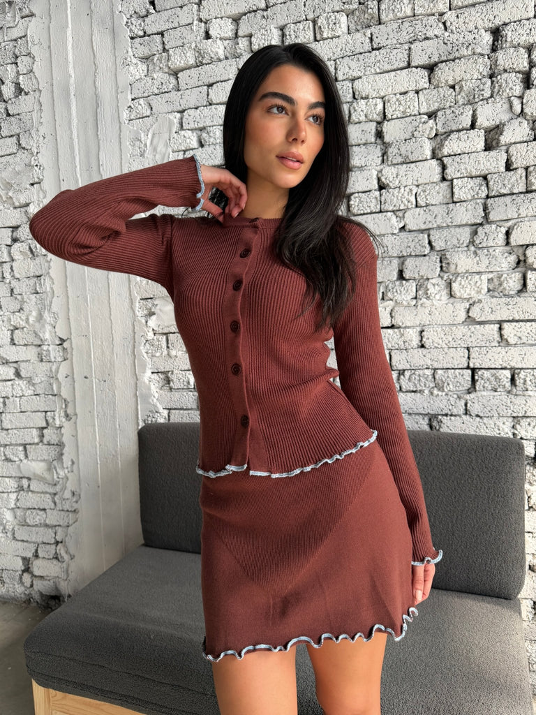 Brown X Blue Gathered Knit Skirt Set - Mii