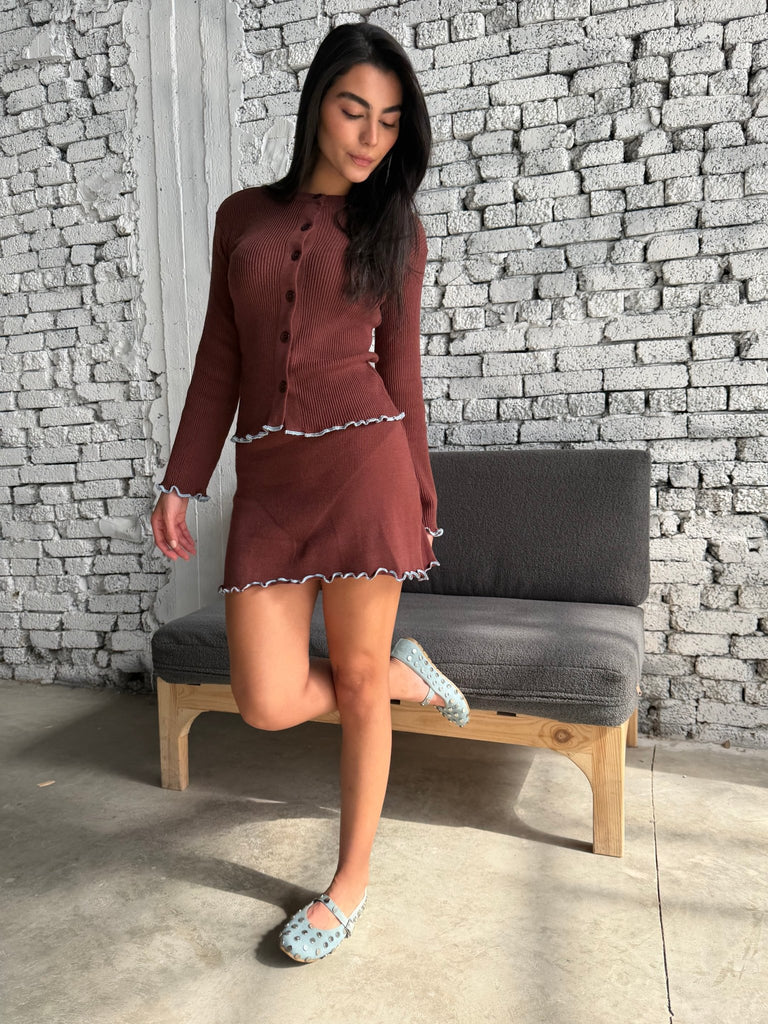 Brown X Blue Gathered Knit Skirt Set - Mii