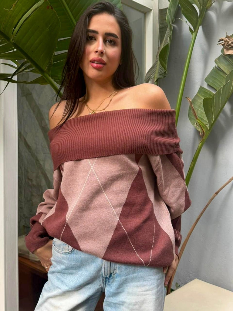 Brown X Cafe Argyle Off Shoulder Knit Pullover - Mii