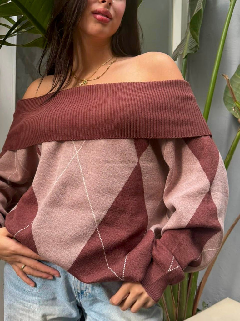 Brown X Cafe Argyle Off Shoulder Knit Pullover - Mii