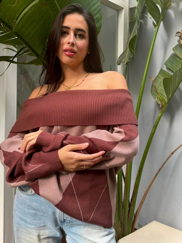 Brown X Cafe Argyle Off Shoulder Knit Pullover - Mii