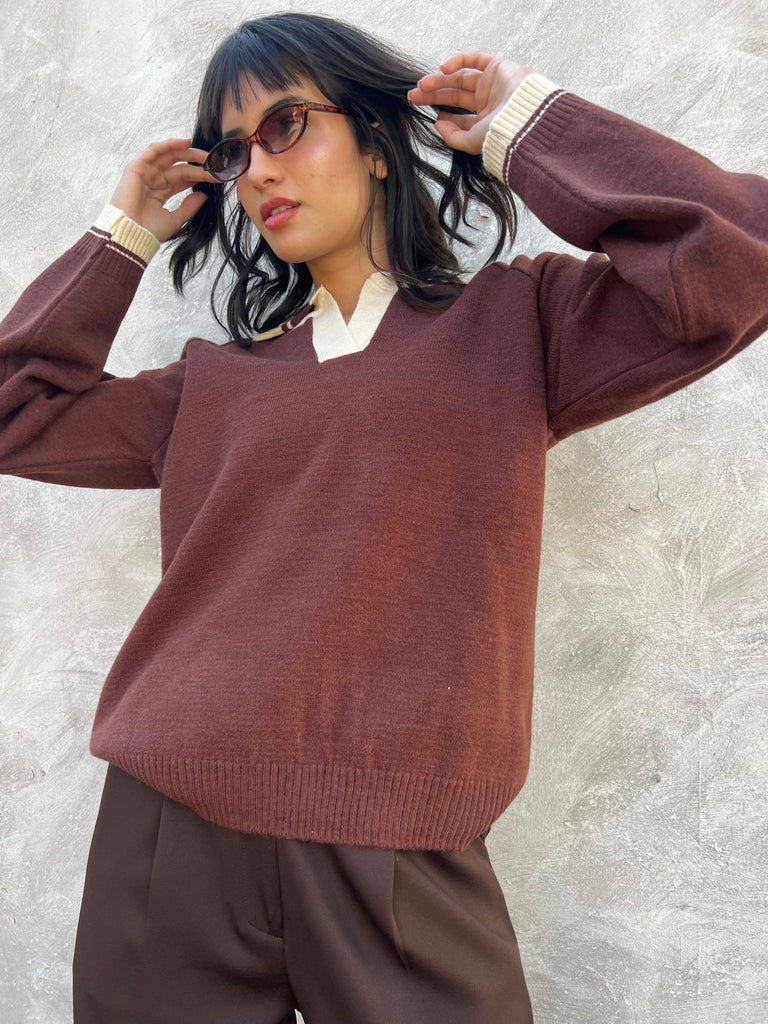 Brown X Creme Polo Knit Pullover - Mii