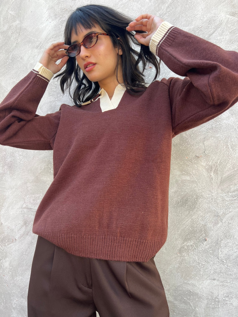 Brown X Creme Polo Knit Pullover - Mii