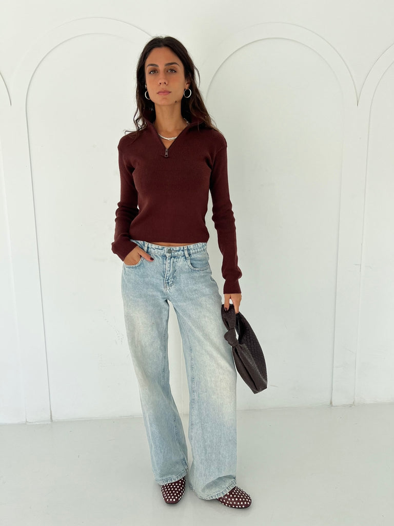 Brown Zip Up Basic Top - Mii