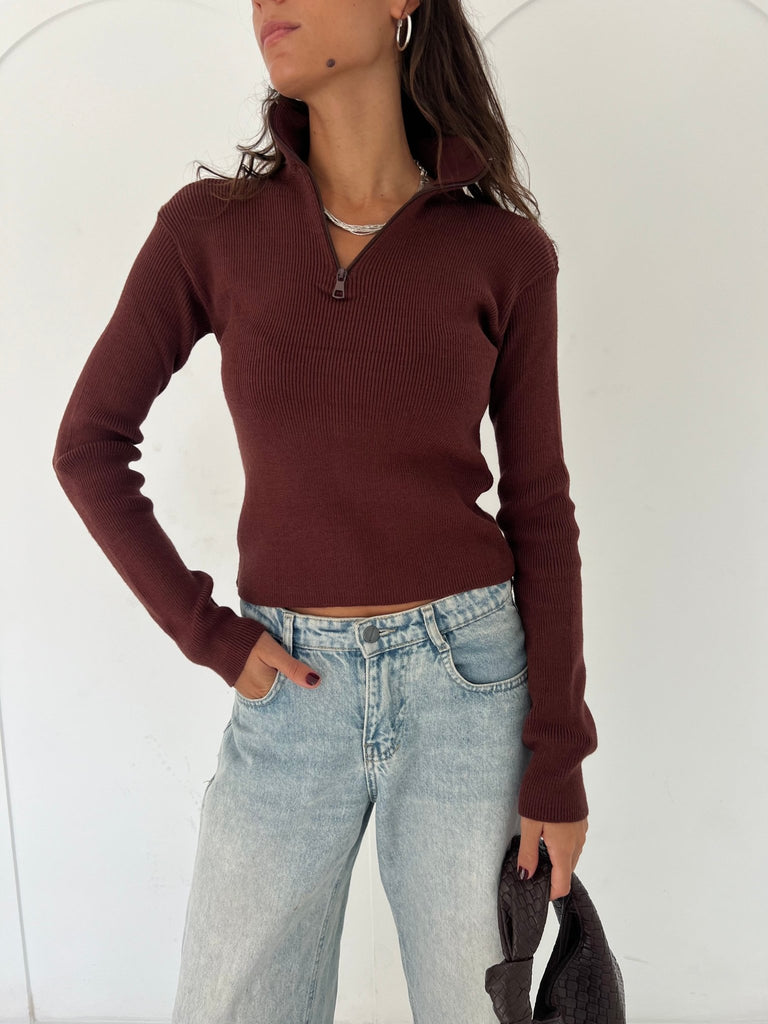 Brown Zip Up Basic Top - Mii