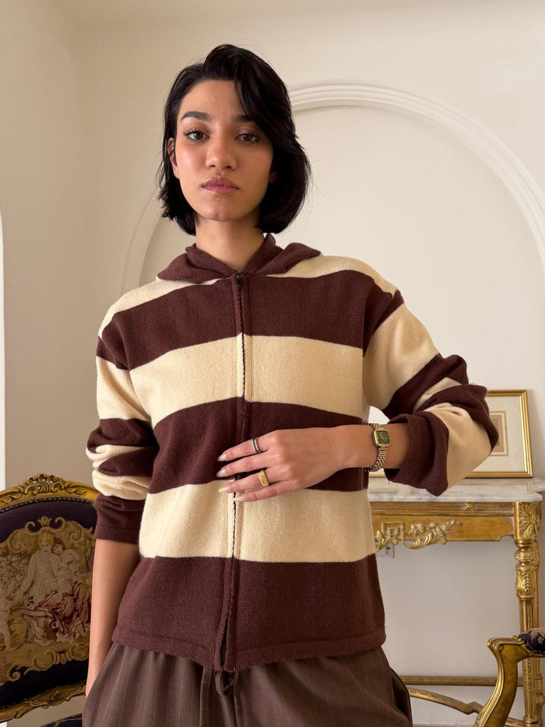 BrownXBeige Striped Hoddie Sweater - Mii