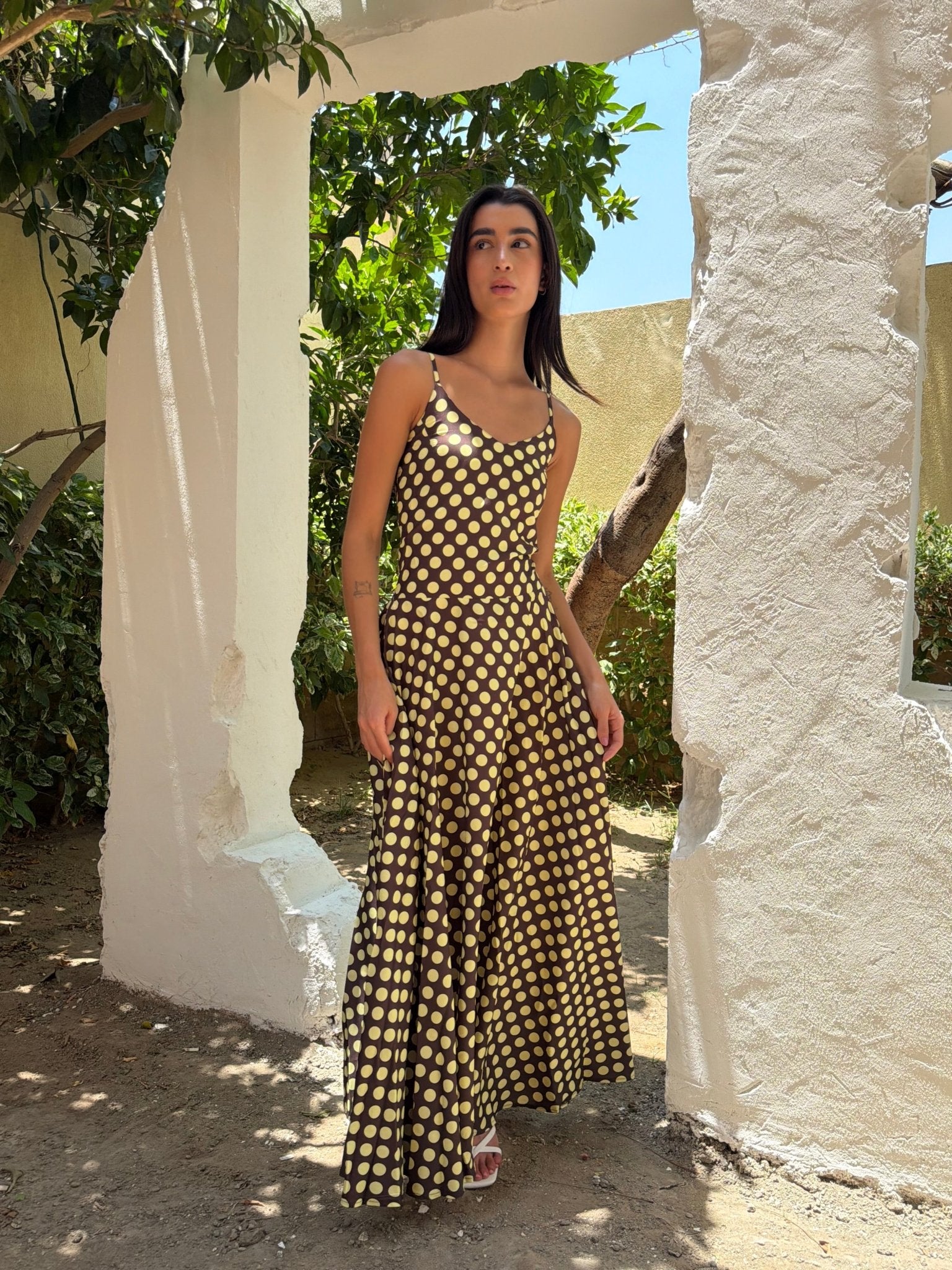 yellow brown polka dot dress BrownxButter Dots Drop Waist tutudress Kimchi Blue Floral Strapless Size:dress size pants : 38 day parties