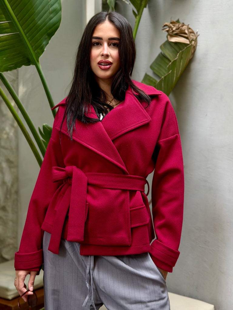 Burgundy Belted Wool Jacket - Mii