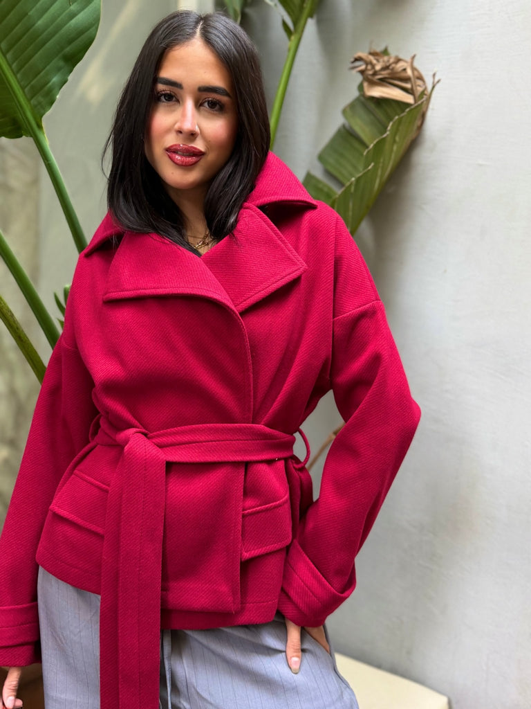 Burgundy Belted Wool Jacket - Mii